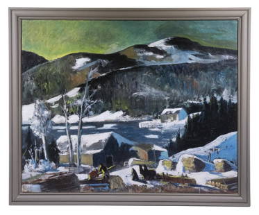 ANDREW GEORGE WINTER (NY/ME/MA, 1893-1958): Monumental Maine winter havesting lumber scene with cabins, oil on linen, signed on stretcher, housed in grey painted molded frame, OS: 45 1/2" x 55 1/2", SS: 40" x 55", some craquelure.