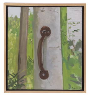 LOIS DODD (NY/ME, 1927- ): "Handle on Tree", oil on masonite, signed lower right and dated '75, titled on label verso from Green Mountain Gallery, 135 Greene Street, NYC. Housed in a slat birch frame with shadowline, OS: 13" x