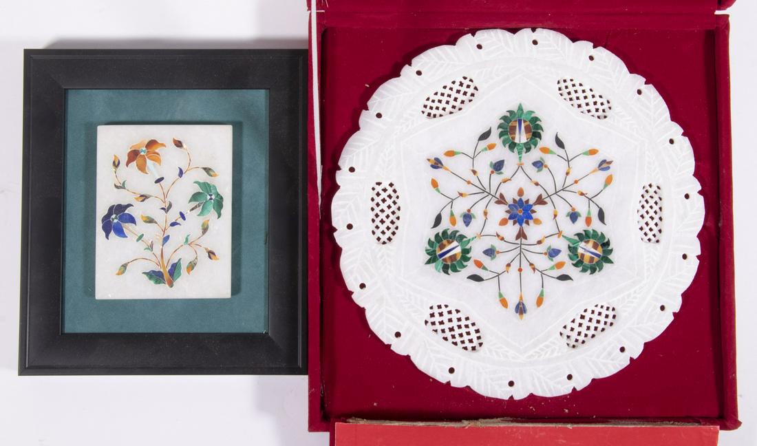 (2 PCS) AGRA, INDIA INLAID MARBLE: Each with Floral Decoration, inlaid with malachite, lapis and carnelian, incl: Round plaque with pierced edge, with wooden display stand, in fitted case, 9" diam., case: 2 1/4" high, 10" sq.; and Fram