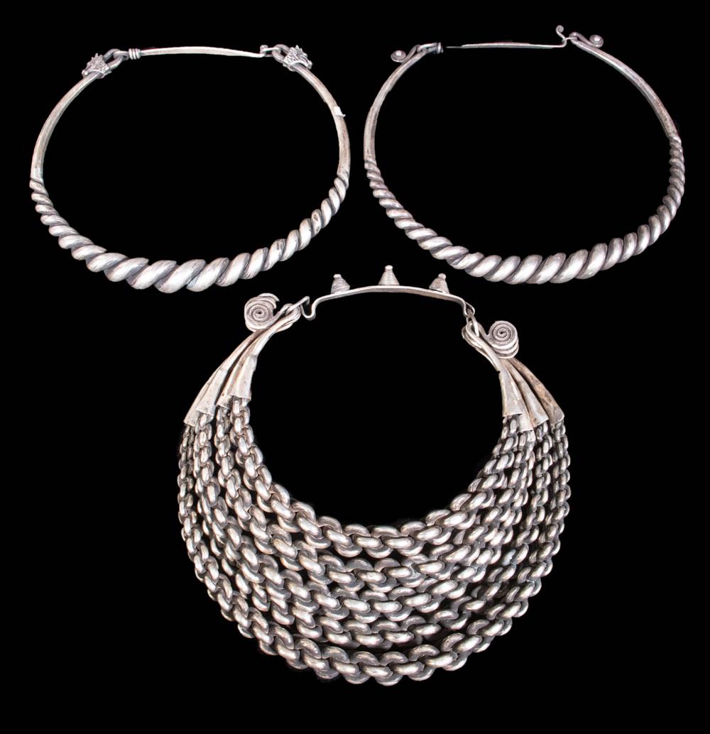 (3) HMONG MIAO SILVER ALLOY NECK RINGS OR TORQUES, TRIBAL TIBET (1 of 4)