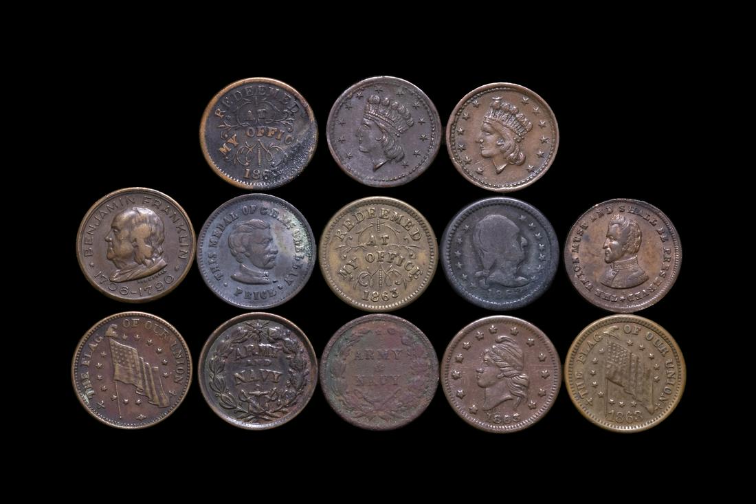 VERY INTERESTING LOT OF (13) CIVIL WAR TOKENS (1 of 2)