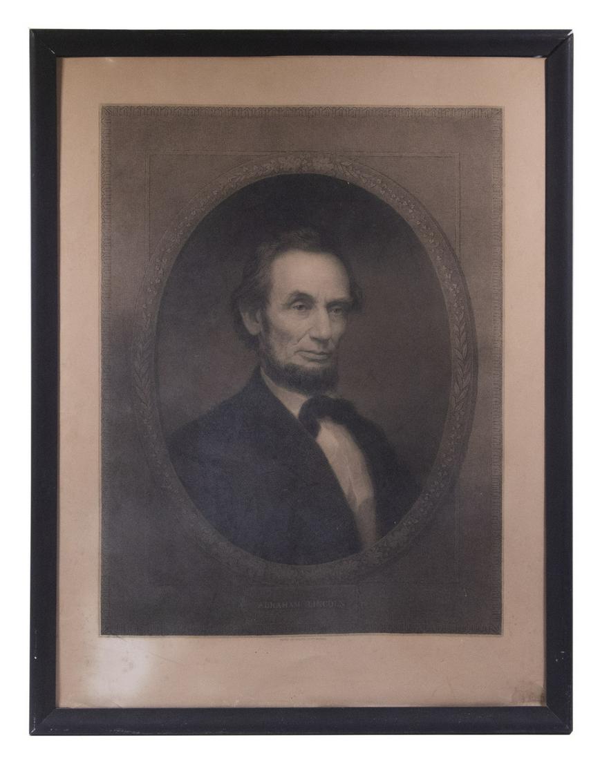 WILLIAM EDGAR MARSHALL (NY, 1837-1906): This engraving featuring a head and shoulders portrait of President Abraham Lincoln was done from the original painting by William E. Marshall in 1865. The print shows Lincoln in a black coat and bow