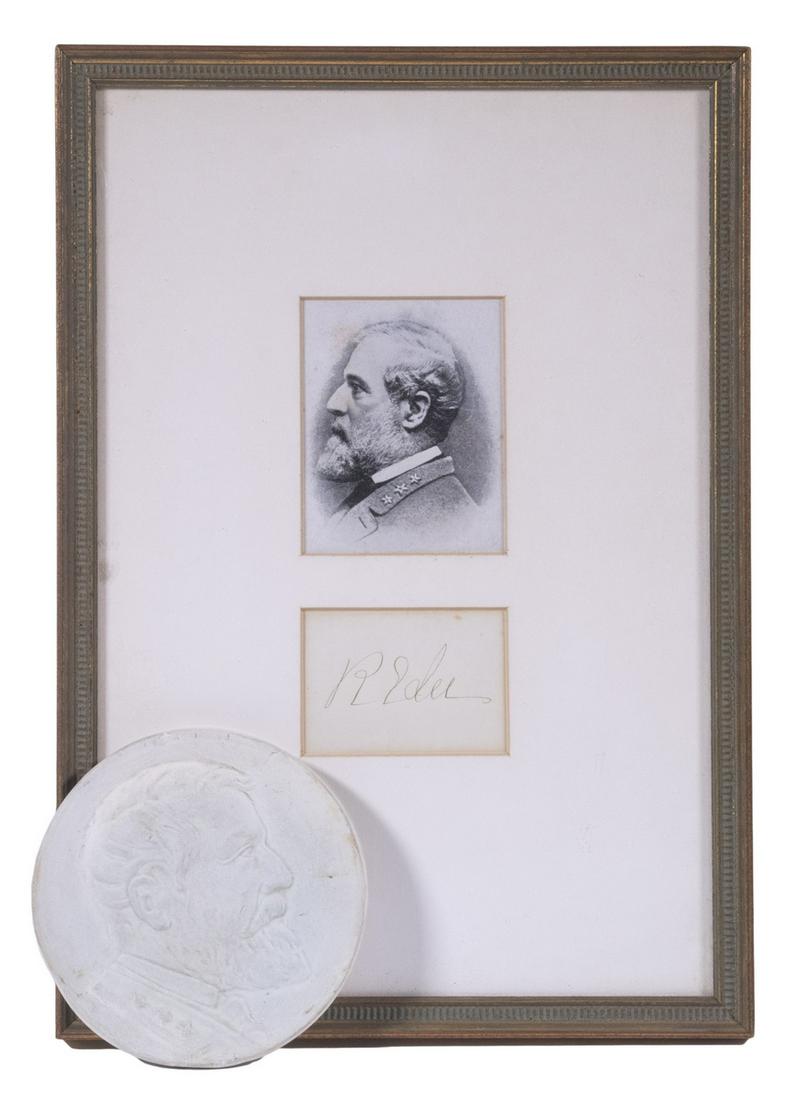 AUTOGRAPH OF GENERAL ROBERT E. LEE (1807-1870), FRAMED: Ink signed calling card, 2" x 3 1/4", in the same frame as a 3 1/2" X 2 3/4" steel engraved profile portrait, in a single 13 1/2" x 9 1/2" 1920's green and gilt stick frame; PLUS a loose Weller Bisque