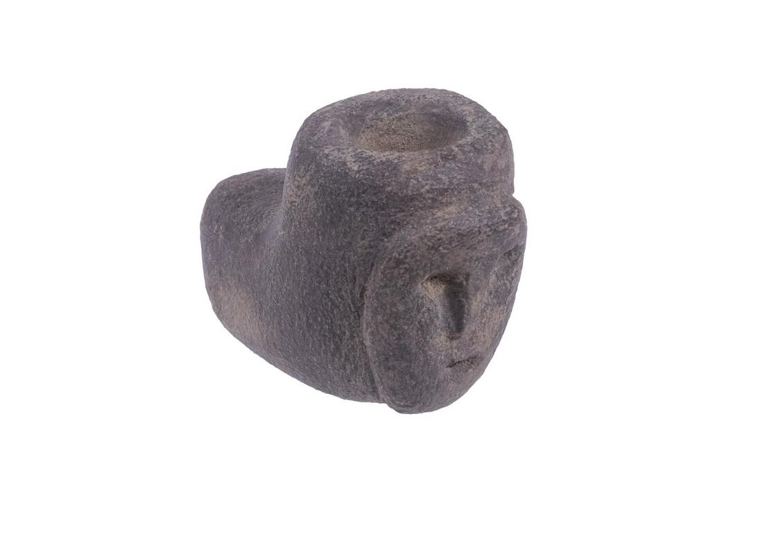 CARVED STONE PIPE WITH FACE ON BOWL, CIRCA 1600 AD, LATE MISSISSIPPIAN CULTURE: 3 1/4" long, very good.