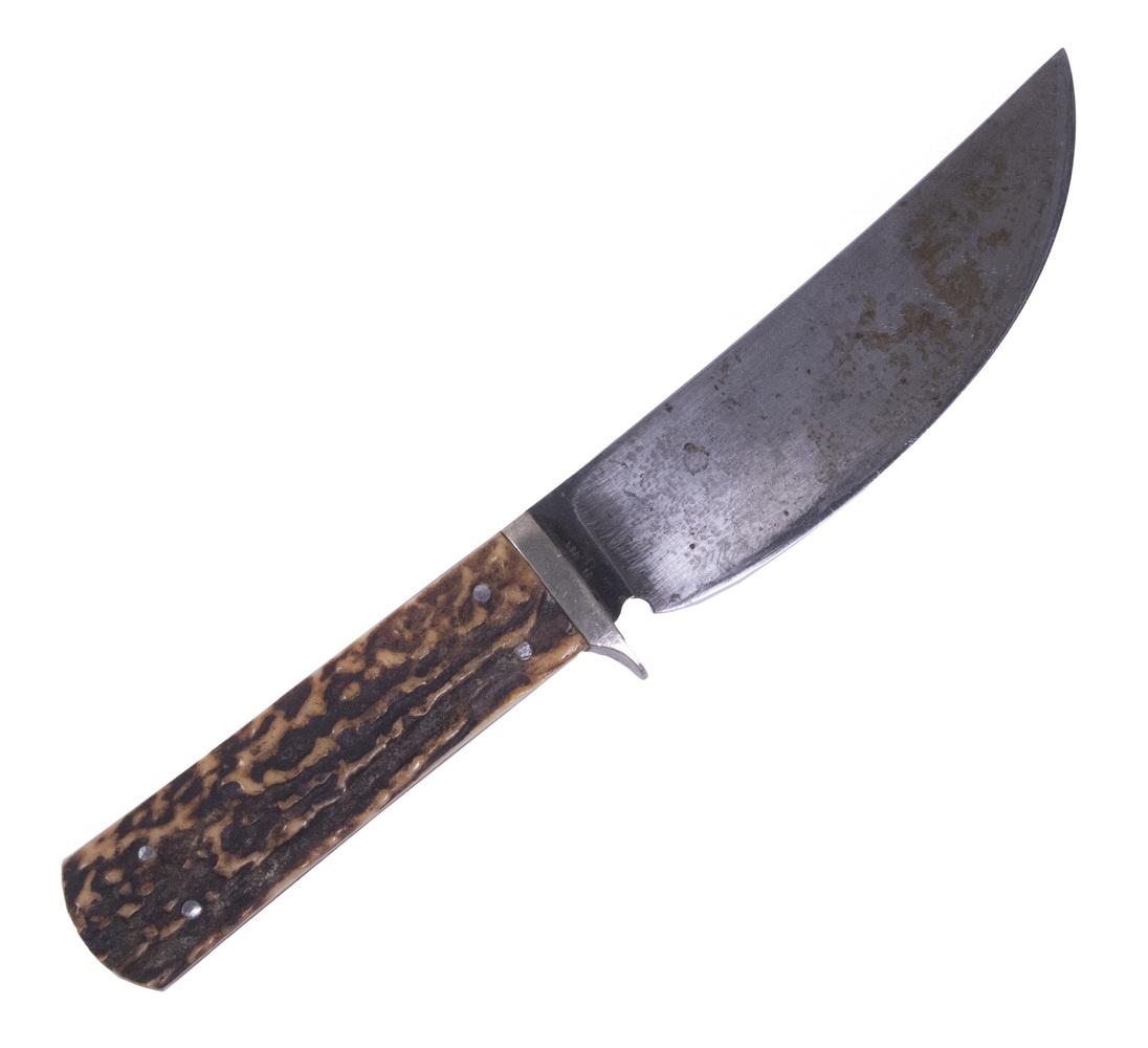 ANTLER HANDLED KNIFE BY TOMES: PJ Tomes handmade forged Scagel Hunter fixed blade knife, stamped with company and maker's marks, in vinyl case, 5 1/2" blade, 10" overall, minor tarnishing to blade.