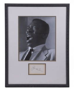 ORIGINAL JOE WILIAMS PHOTO BY HERMAN LEONARD WITH SIGNED CARD, FRAMED: Joe Williams (1918-1999) Jazz Singer, taken while working with Count Basie, circa 1946, by Herman Leonard (1923-2010), separate card in two-window mat looks like he was a bit 'shaky' when he signed