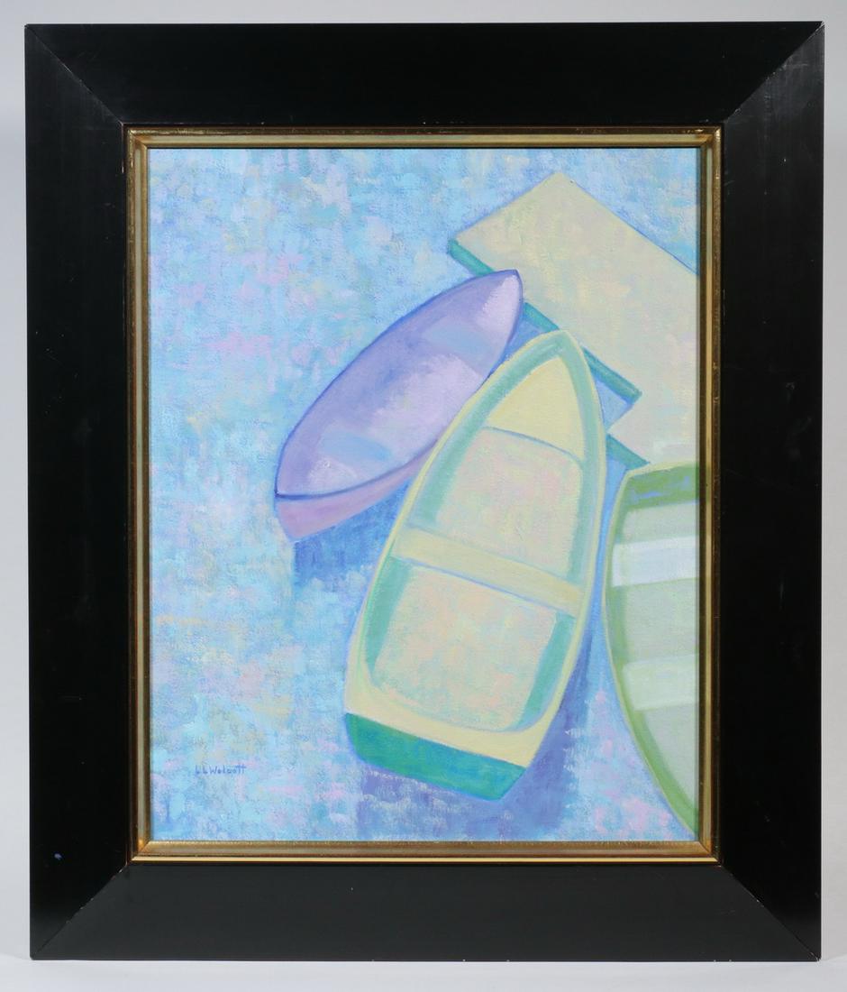 LINDA LOW WOLCOTT (ME, 20TH/21ST C.): "On the Dock", oil on canvas, signed lower left, titled verso on Shaw Gallery (Southwest Harbor) label, in a painted and gilded wooden frame, OS: 26 1/4" x 22 1/4", SS: 19 1/4" x 15 1/4". Frame paint