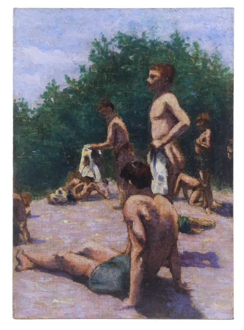THOMAS EAKINS (PA, 1844-1916), IN THE MANNER OF: Study of Boys on Shoreline Bolders, oil on canvas board, unsigned, with label verso from Frost & Adams, Cornhill, Boston, (active 1869-1921) circa 1900, unframed, cleaned. 14" x 10".