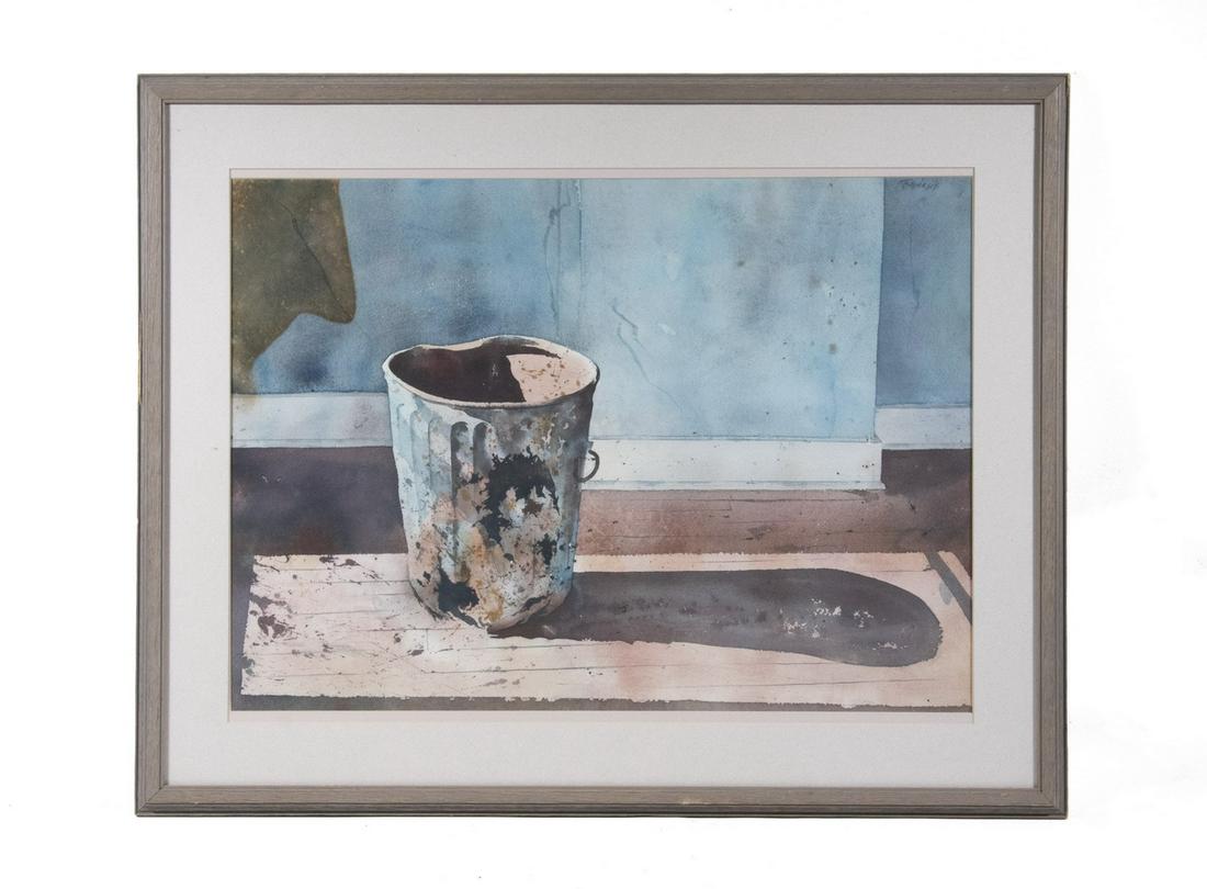 WATERCOLOR BY "KENDRICK": Interior Sunlight with metal trash can, watercolor on Arches, signed "Kendrick" upper right, heavily influenced by Andrew Wyeth, in grey stained oak molded frame, matted and glazed, OS: 23 1/2" x 29 1