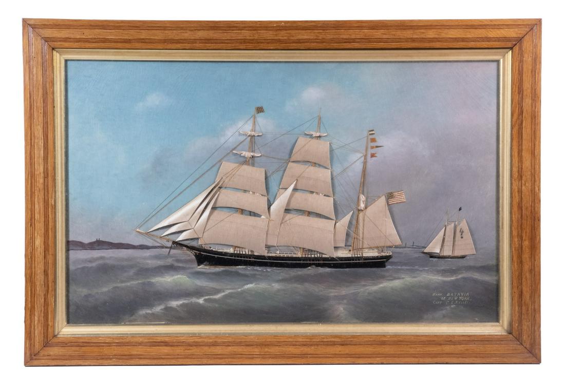 THOMAS WILLIS (NY/DENMARK, 1850-1925): "Bark Batavia of New York, Capt. C.E. Kelley", shown passing the Twin Lights of Thacher Island, oil on board with dimensional silk sails, captioned, otherwise unsigned, but clearly his work. Original 