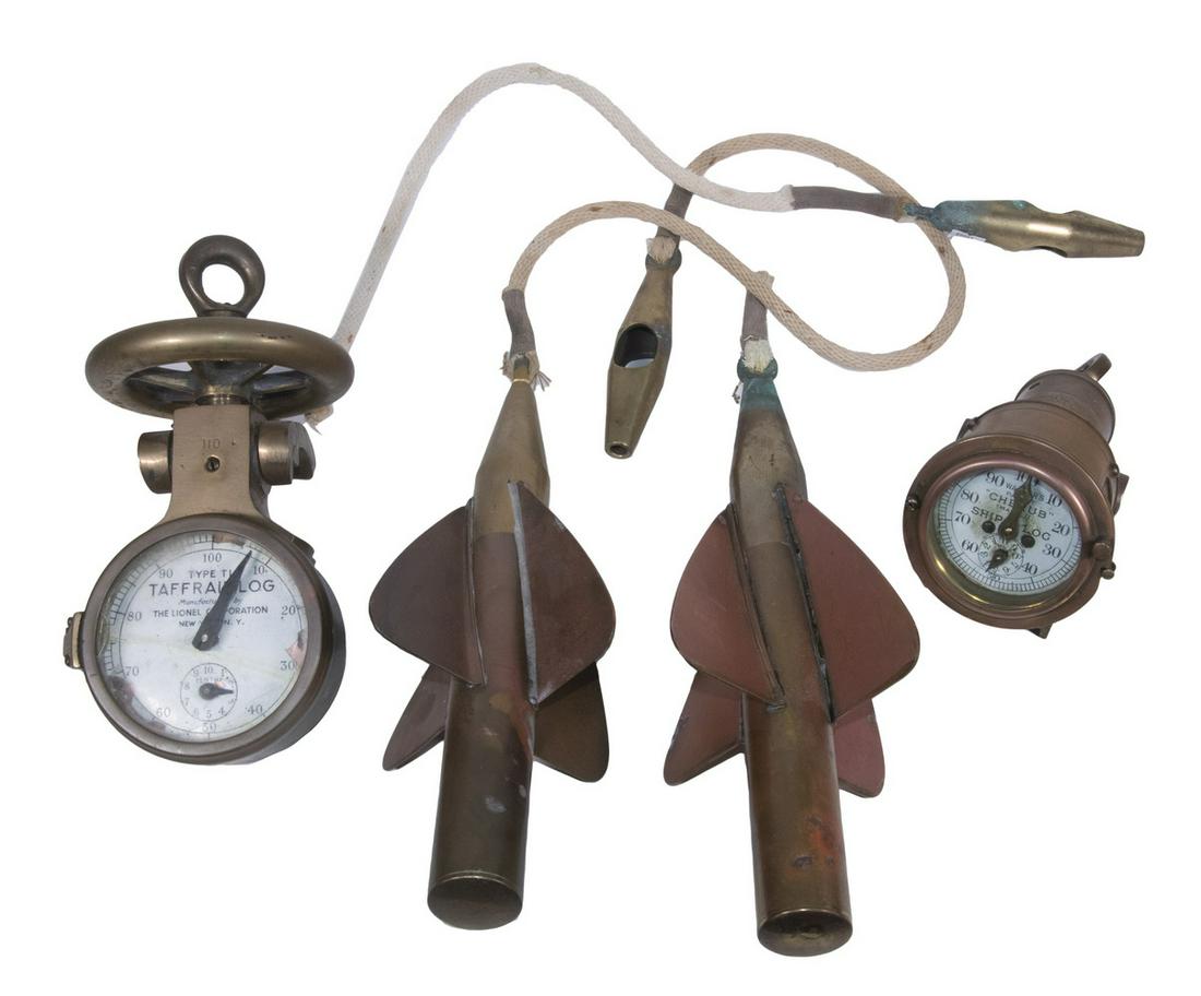 MARINE TAFF RAIL LOGS: Lot of (2) Vintage Brass Taff Rails, incl: Walker's "Cherub" Ship Log, T.W. Mark II, with enameled dial, with rotator and log line, log: 6 3/4" high, 10 1/4" x 4 1/4", rotator: 14 1/4" long, log line 