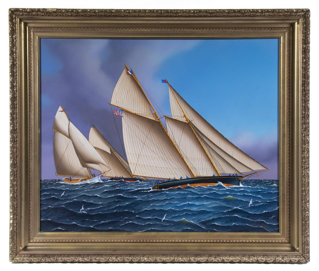 JEROME HOWES (NY/MA/VT, 1955 - ): Racing Yachts, oil on masonite, signed lower right, depicting three competing vessels in choppy seas, in a fancy gilded wooden frame, OS: 27 1/2" x 32 1/2", SS: 21 1/2" x 26 1/2". Good condition.