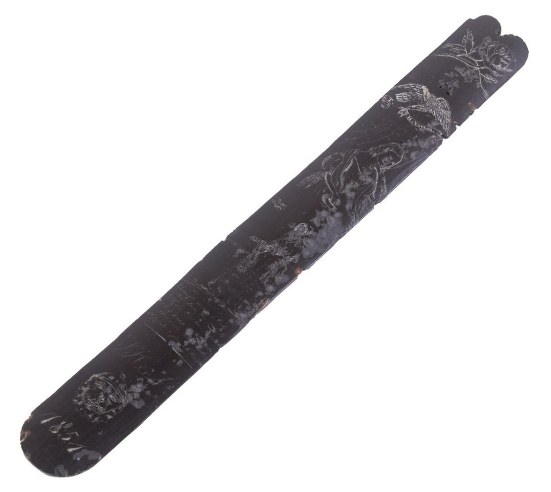 SCRIMSHAWN WHALE BALEEN BUSK DATED 1851: Wide Busk with rose stem at top, spreadwing eagle holding riband "T.H. Norton", woman in fancy dress, woman in coat and bonnet, 6 line poem about supporting the female form, "F. Keel", Maori mask and 