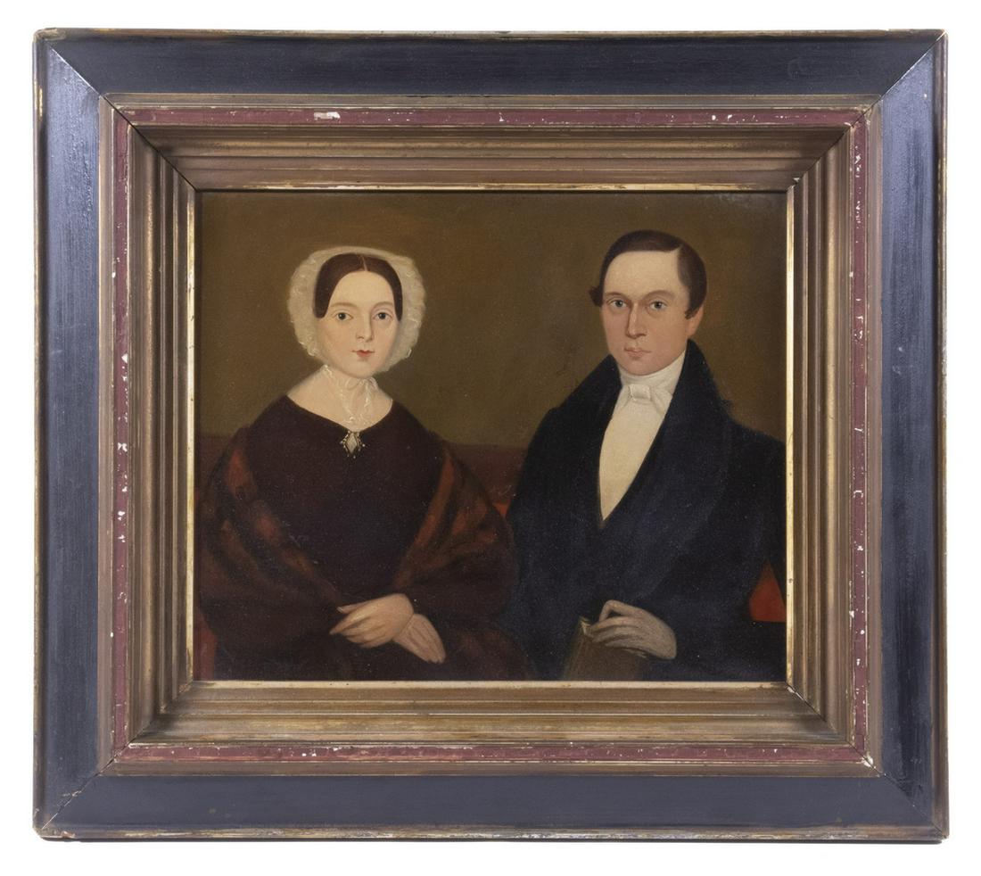 FOLK ART DOUBLE PORTRAIT: Naive Half-Length Portrait of a man and wife, oil on board, unsigned, the woman with a lace bonnet, necklace and shawl and the man with linen shirt, waist coat, and wool dress coat, he is holding a bo