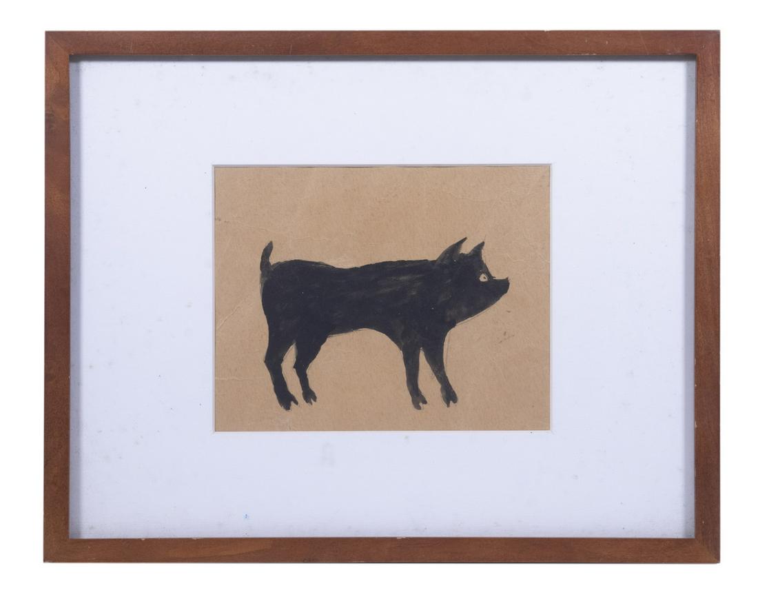 BILL TRAYLOR (AL, 1854-1907): Black Pig, watercolor on salvaged brown paper, unsigned, in a cherry box frame, matted and glazed, OS: 15" x 19", SS: 7 1/2" x 9 1/2", good condition.