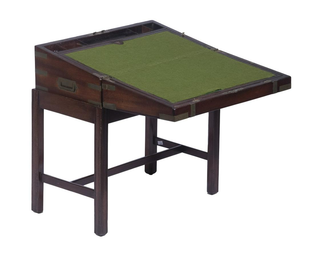 MAHOGANY WRITING BOX ON STAND: 19th c. Brass Bound Campaign Style Lap Desk, with brass flush mount side handles, lid cartouche (with RS monogram) and escutcheon (with key); having a slanted felt top interior writing surface, fitted