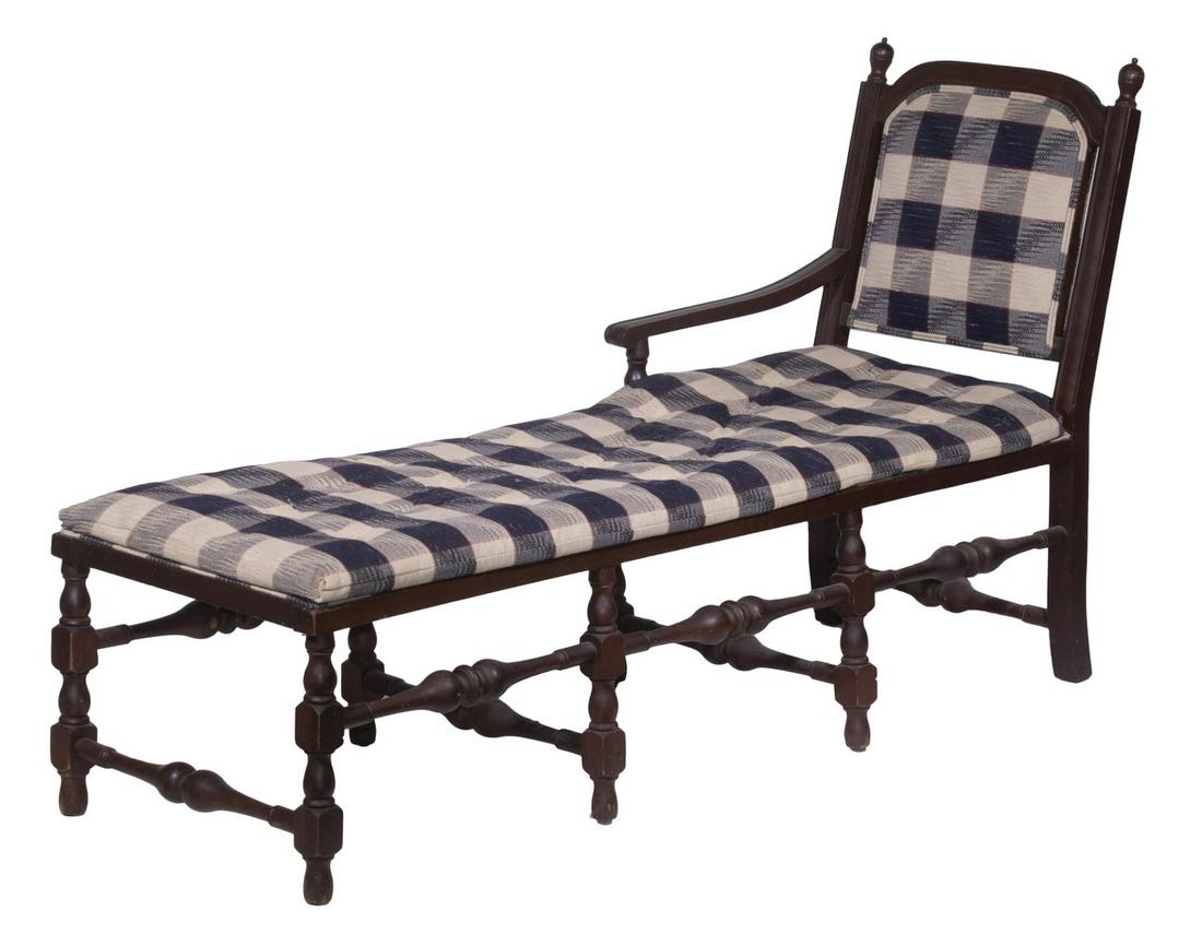 WILLIAM & MARY STYLE DAYBED: Vintage Daybed, with single side arm, checked and button-tufted upholstered top cushion, set on turned legs with sausage turned stretchers, 38" high, 63 1/2" x 21 1/2". Surface wear.