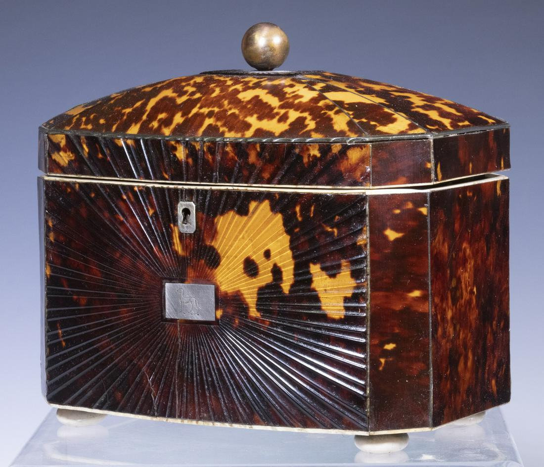 TORTOISESHELL TEA CADDY: English Regency Period Bowfront Tea Caddy, c. 1830, having a domed lid with brass finial, silver escutcheon, stringing, and cartouche with engraved whippet dog, front panel with radiating sunburst des