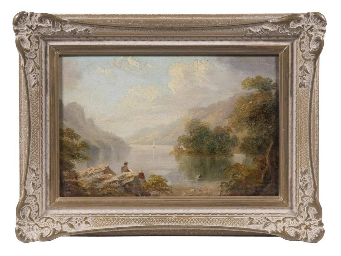 WILLIAM (THE ELDER) OLIVER (UK, 1804/5-1853): "Loch Lomond", Scots Lake Scene with Man and Woman on Bank, oil on academy board, signed lower right edge, titled verso in pencil, with remnants of wax seals indicating this had been in a collection,