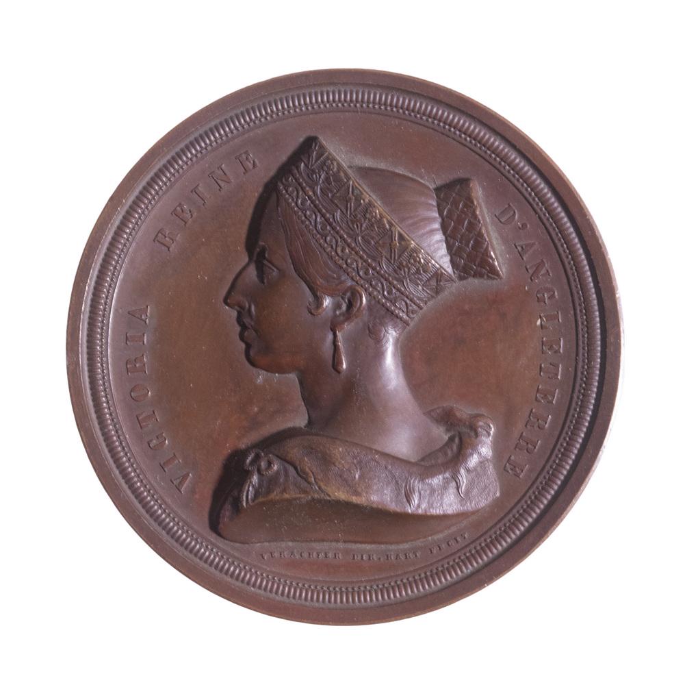 QUEEN VICTORIA 1845 BRONZE MEDALLION: Commemorating Her Visit to Antwerp (Aug. 10 - Sept. 6, 1845) while enroute to Germany, by Verachter for Hart, front with high relief profile bust of the Queen, arms of Antwerp verso, 2 7/8" diam., 5/1