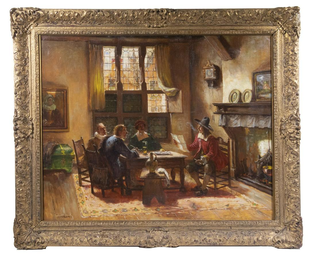 19TH C DUTCH PAINTNG, ILLEGIBLY SIGNED: Interior with man addressing informal court of three of his peers, oil on canvas, illegibly signed "O. Notermann"(?), housed in a fine impressionist gilt gesso frame, OS: 32" x 38", SS: 25" x 31", cle