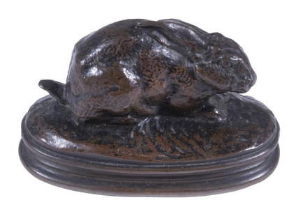 ALFRED BARYE (FRANCE, 1839-1882): Rabbit with Ears Down, bronze sculpture, signed "Barye" and stamped "01C" at base edge, 1 7/8" high, 2 7/8" x 1 1/2". Good condition, warm patina.