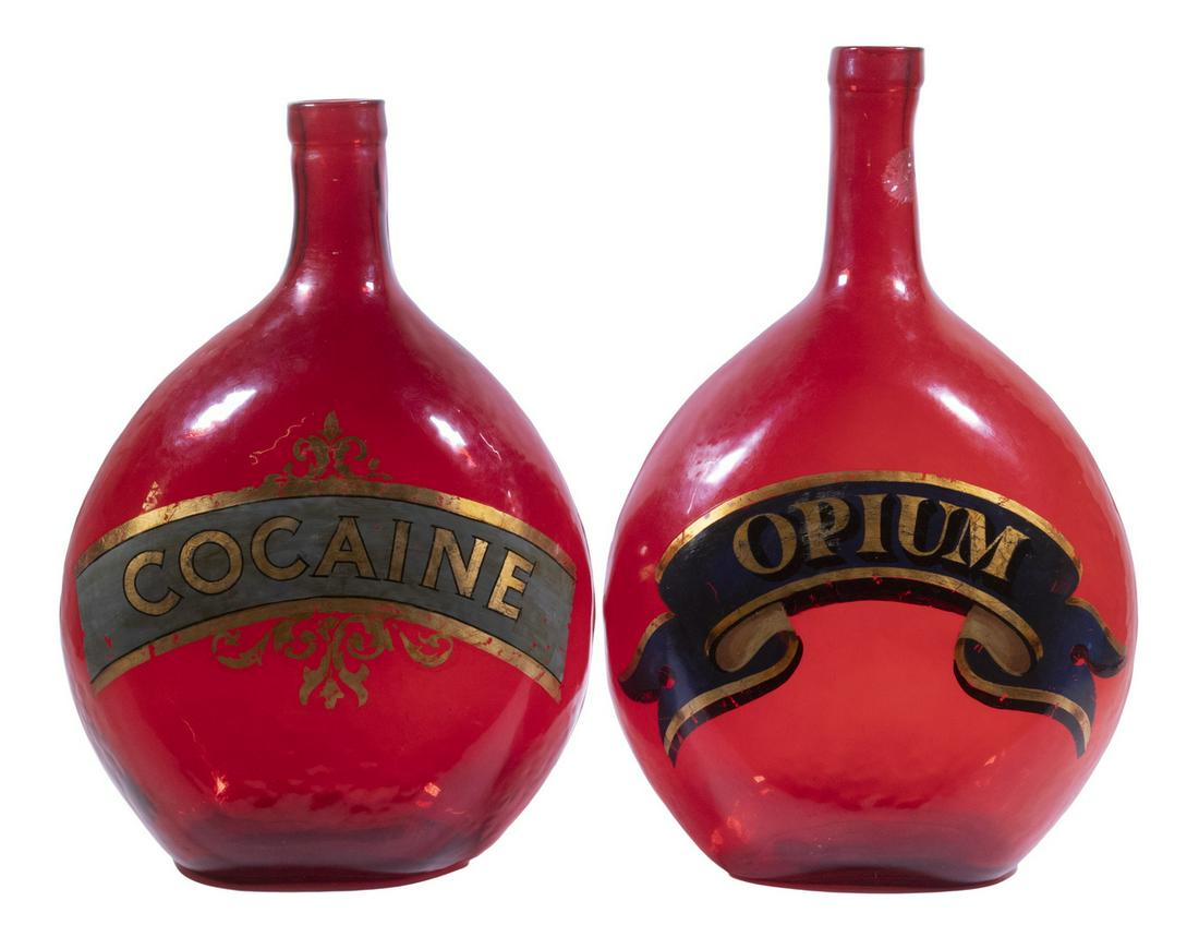 (2) RED APOTHECARY JARS - "COCAINE" & "OPIUM" (1 of 3)