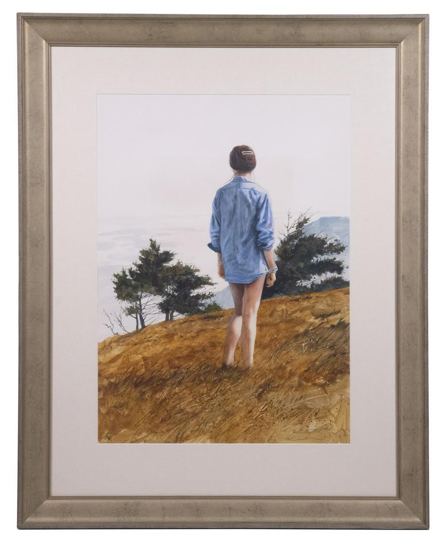 NEIL DREVITSON (VT/NC, 1944 - ): Color Study for "Carolyn's Island", watercolor on paper, signed lower right and inscribed with title, in silver ogee frame, matted under glass, OS: 42 1/2" x 34", SS: 29" x 21", fine condition. Proven
