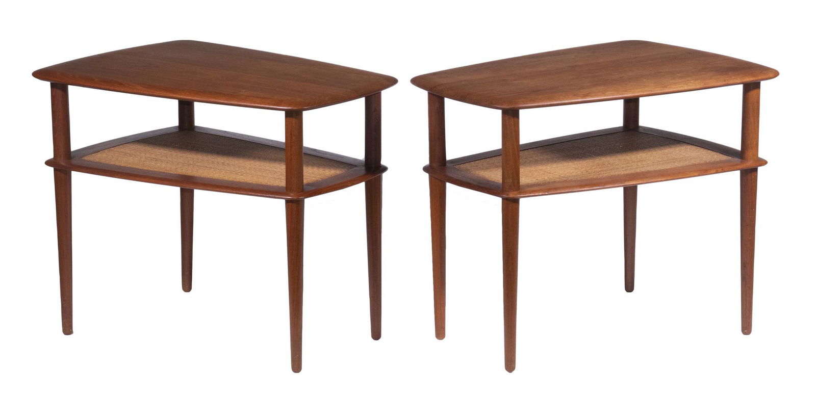 PR DANISH MODERN TEAK END TABLES: Pair of Midcentury Two-Tier Side Tables, c. 1960, No. 518, designed by Peter Hvidt and Orla Molgaard for France and Son (Denmark), sold by Anton Dam (Copenhagen), with solid wood tops and lower shelf