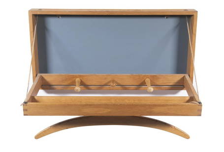 DANISH TEAK FOLDING WALL VALET: Vintage Midcentury Modern Folding Valet Cabinet, designed by Adam Hoff & Poul Ostergaard for Virum Mobelsnedkeri, designed for wall mounting, with wooden clothes hanger, three hooks, leather straps, a