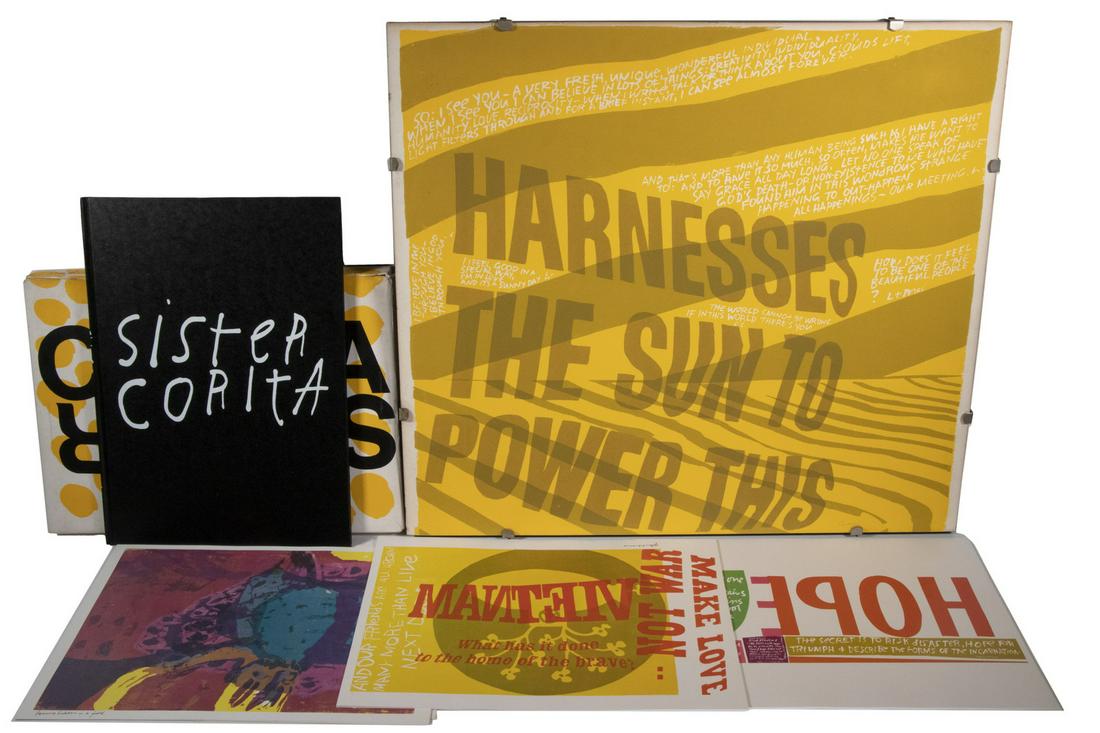 SISTER CORITA KENT (IA/MA, 1918-1986): This lot includes the original serigraph "Harness the Sun to Power This" on a 20 3/4' x 20" hardboard mount with edge clips for missing glass. The 80 page hard cover book with black boards and white l