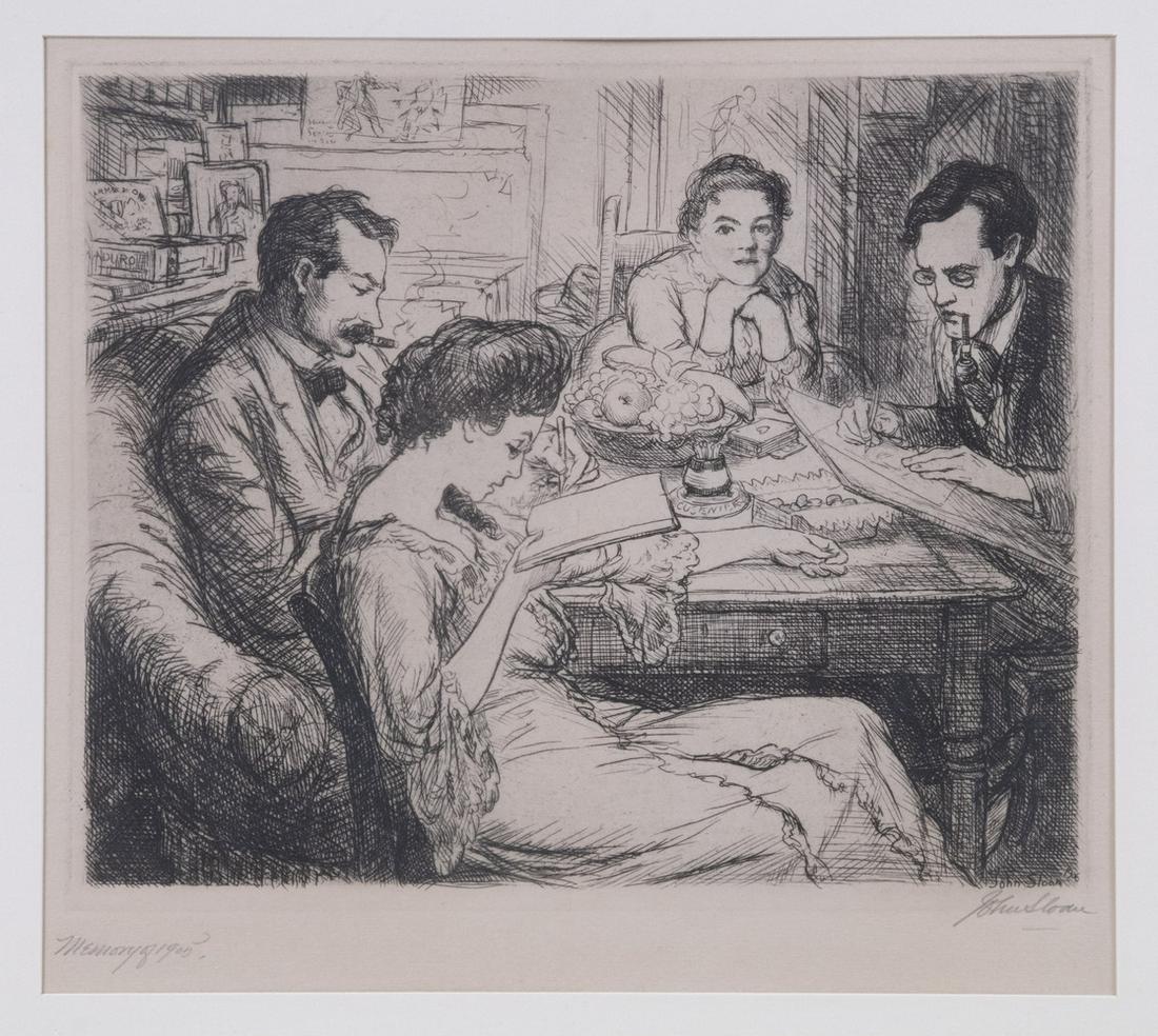 JOHN SLOAN (NY, 1871-1951): "Memory, 1905", etching, signed, titled and dated in pencil, depicting (from left: Robert Henri; Henri's wife Linda; Sloan's wife Dolly and Sloan himself. Linda died that year.) Ref: Morse 136. Sixth