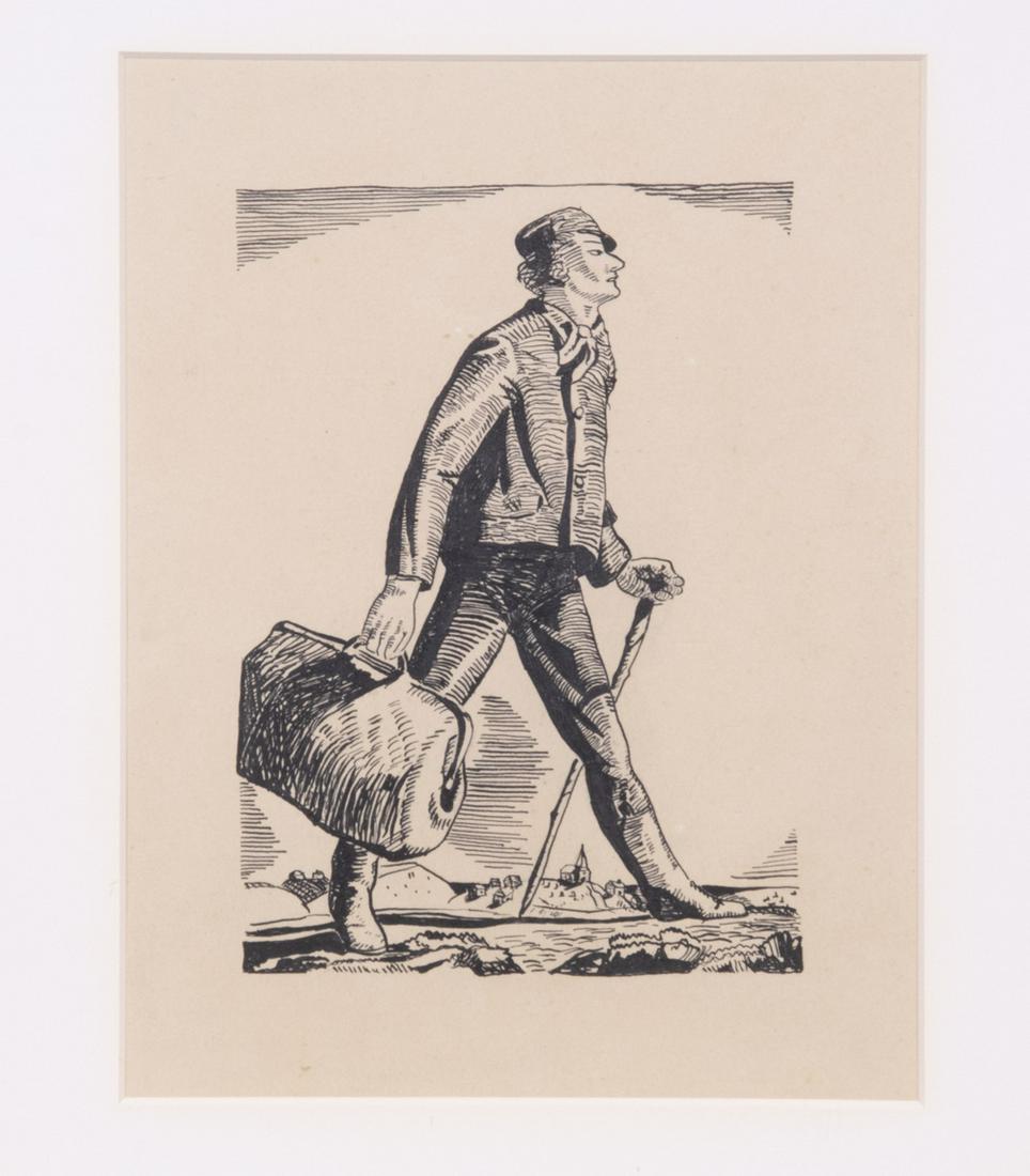 ROCKWELL KENT (NY, 1882-1971): "Ishmael Carrying Carpet Bags", original pen and ink drawing on cardstock, for "Moby Dick", published 1930, page 11 by Random House. In gold stick frame, matted and glazed, OS: 14" x 11 3/4", SS: 7 1/