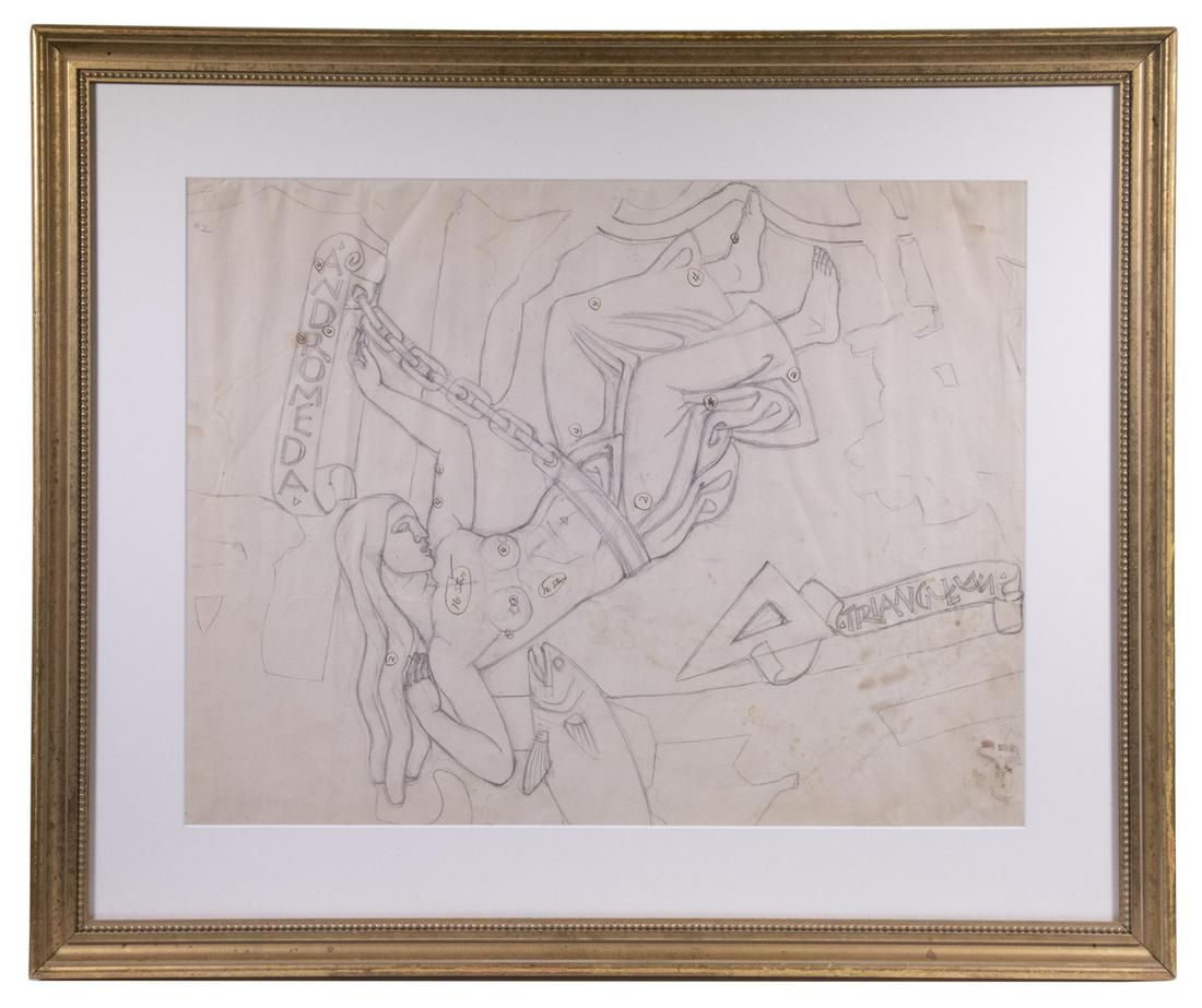 PAUL HOWARD MANSHIP (NY/NH, 1885-1966): Working Drawing of "Andromeda", pencil on paper with inked notations, unsigned, possibly a design for a section of the Celestial Sphere (Manship's largest sculpture depicting the constellations mounte