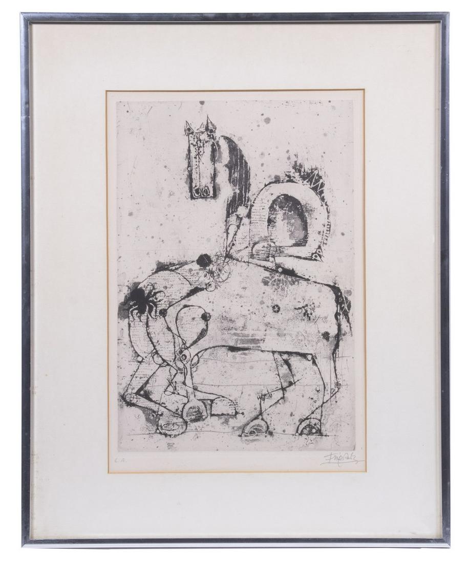 JONNY FRIEDLANDER (FRANCE/POLAND, 1912-1992): "Chevaux" from "Bestiary", etching, pencil signed, marked as artist's proof, titled on Brentanos of NYC label verso, in aluminum box frame, matted and glazed, OS: 20" x 16", impression: 13 1/4" x 9", 