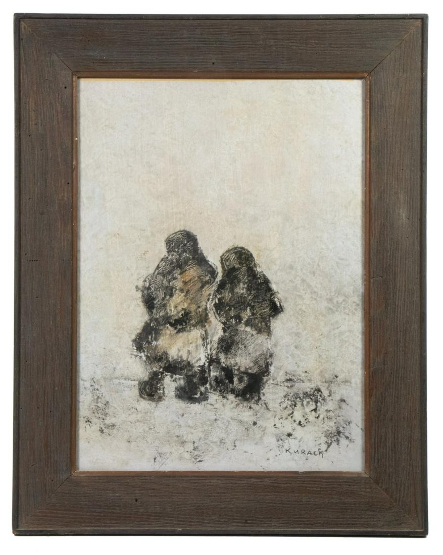 IVAN KURACH (UKRAINE/ITALY, 1909-1968): Two Children in Snow, mixed media on board, signed lower right, housed in a fatigued oak frame, under glass, by Heydenryk, OS: 20 1/4" x 16 1/4", SS: 15 1/4" x 11 1/4". Good condition.