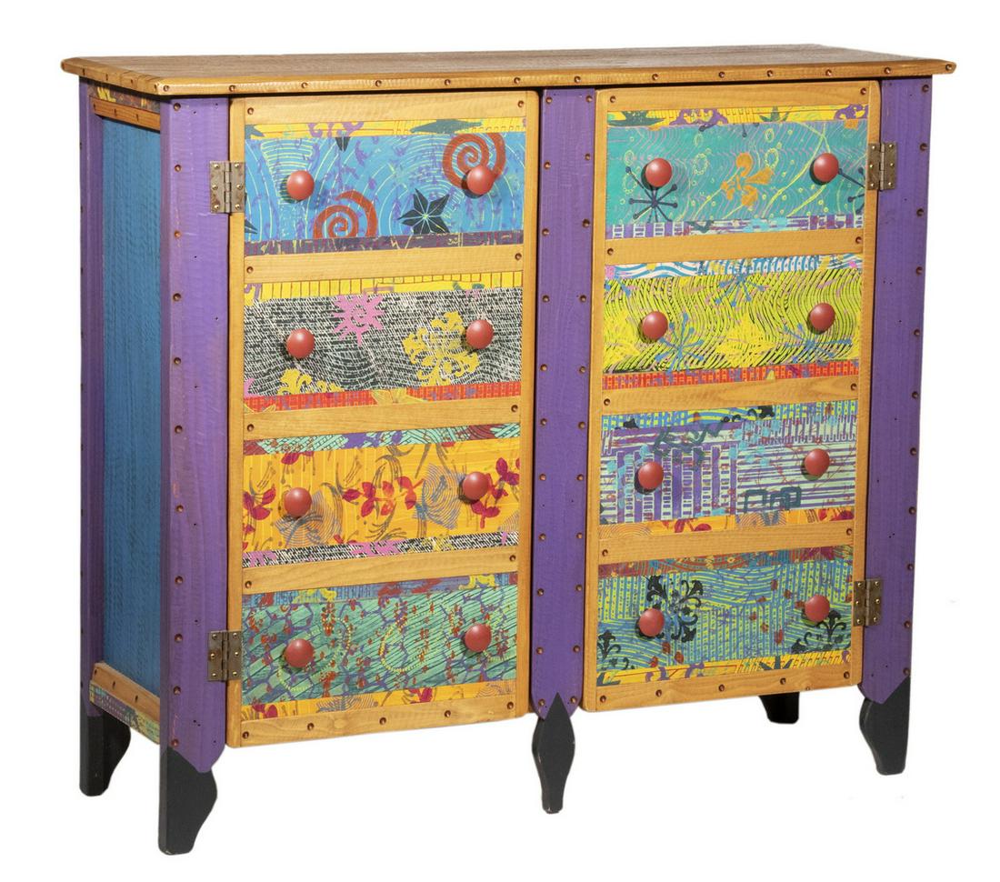 MODERN FOLK ART PAINTED SHALLOW CABINET BY SHOESTRING CREATIONS OF GRANDVIEW TEXAS (1 of 6)