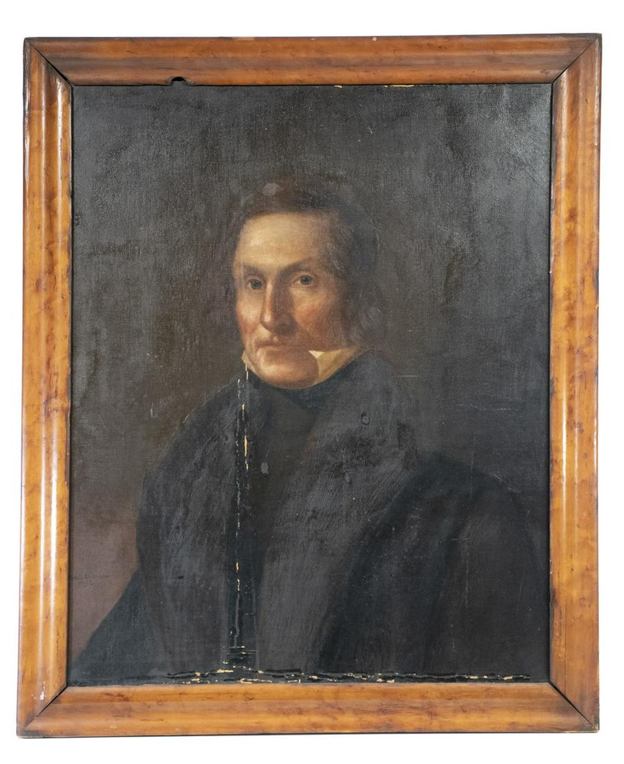 FEDERAL PERIOD PORTRAIT OF A NEW YORK BUSINESSMAN: Bust Portrait of a Middle Aged Man with collar turned up around hid jaw, staring intently at the viewer, oil on canvas, unsigned, circa 1800-1810, in the original birdseye maple ogee frame, OS: 34 1/2