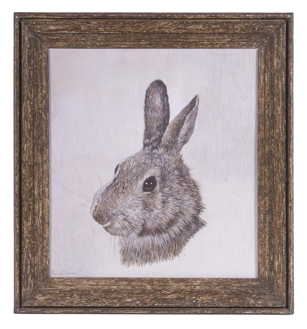 ROBERT DUNCAN (UT, 1952 - ): "Cottontail Rabbit", oil on masonite, signed lower left, titled verso, in molded comb painted frame, OS: 16 1/2" x 15 1/2", SS: 12 1/2" x 11 1/2", good condition.