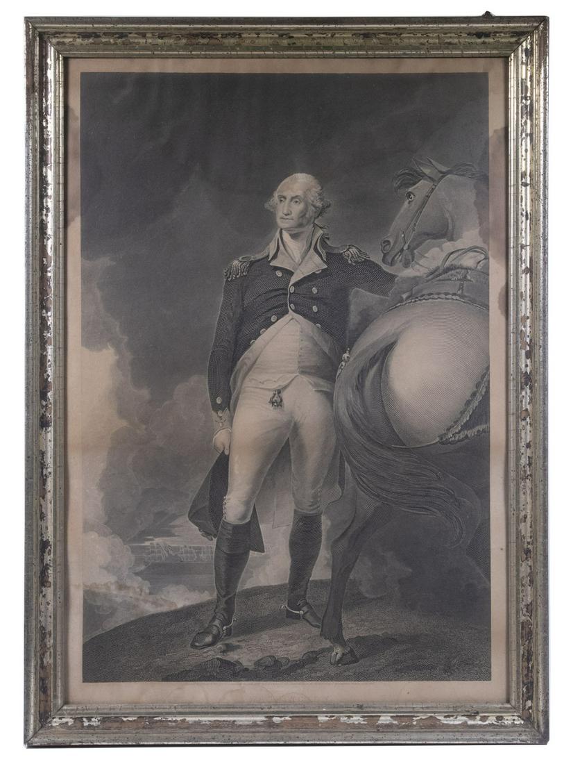 WASHINGTON PRINT BY THOMAS KELLY (1795-1841) AFTER GILBERT STUART (MA/RI/UK, 1755-1828): "Washington", circa 1836 engraving, after Gilbert Stuart's (MA/RI/UK, 1755-1828) painting "Washington at Dorchester", in a lemon gold wooden frame, wooden backing, OS: 28" x 20 1/4". Toned and stained