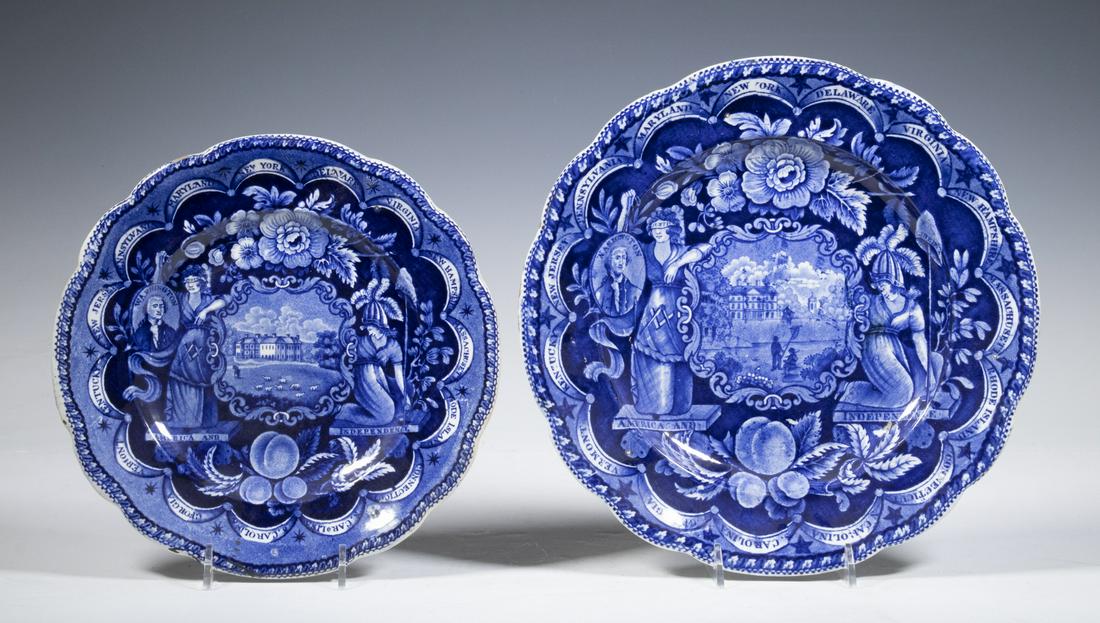 HISTORIC STAFFORDSHIRE STATES PLATES BY CLEWS: Lot of (2) Dark Blue Plates, ca. 1825, made in England by James & Ralph Clews (Cobridge) for the American market, each plate with fifteen state names around the rim, centered with images of George Was