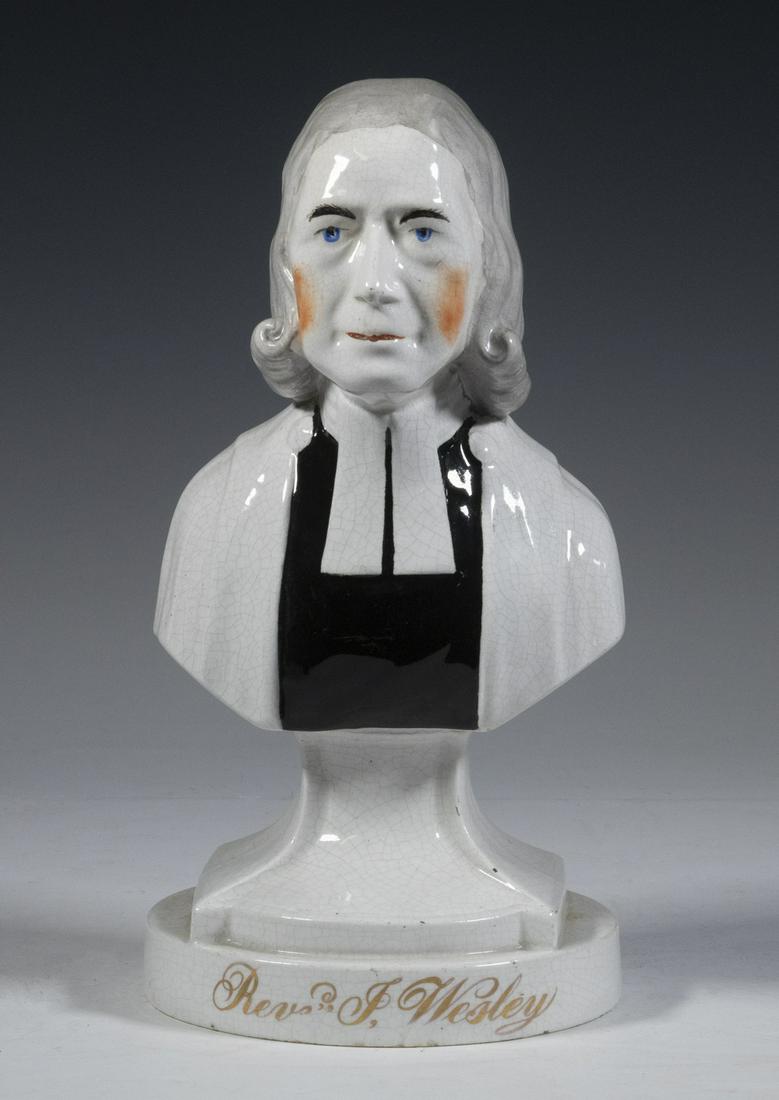 STAFFORDSHIRE BUST OF REV. JOHN WESLEY: Mid-19th c. English Ceramic Bust Figure, depicting the Revd. John Wesley (1703-1791), the founder of Methodism, with painted features, marked "21.32" on base, underside edge painted "Baxter" (descende