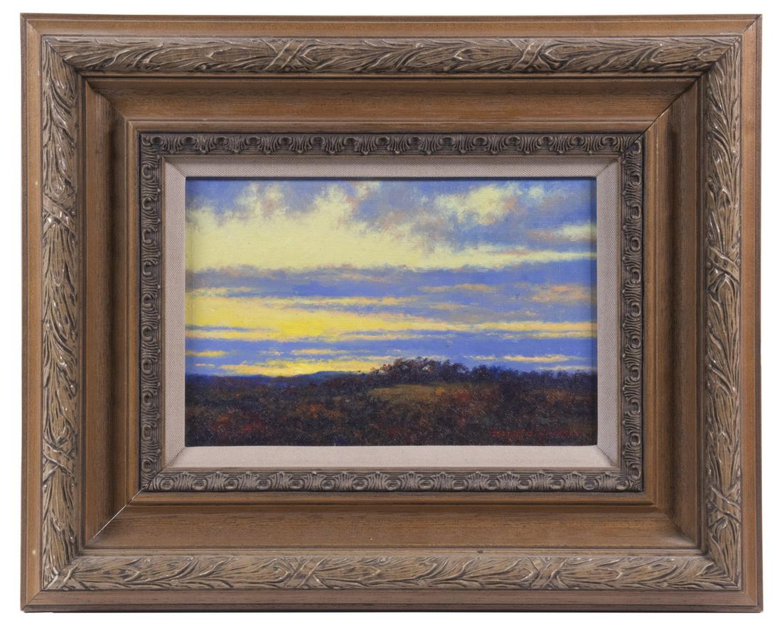 ROBERT SCOTT JACKSON (US, 1946- ): Green and Yellow Sky, oil on masonite, signed lower right, housed in a stained wood cove frame with ranks of painted gesso, mitered linen liner, OS: 13" x 16", SS: 5 3/4" x 8 3/4", fine condition.