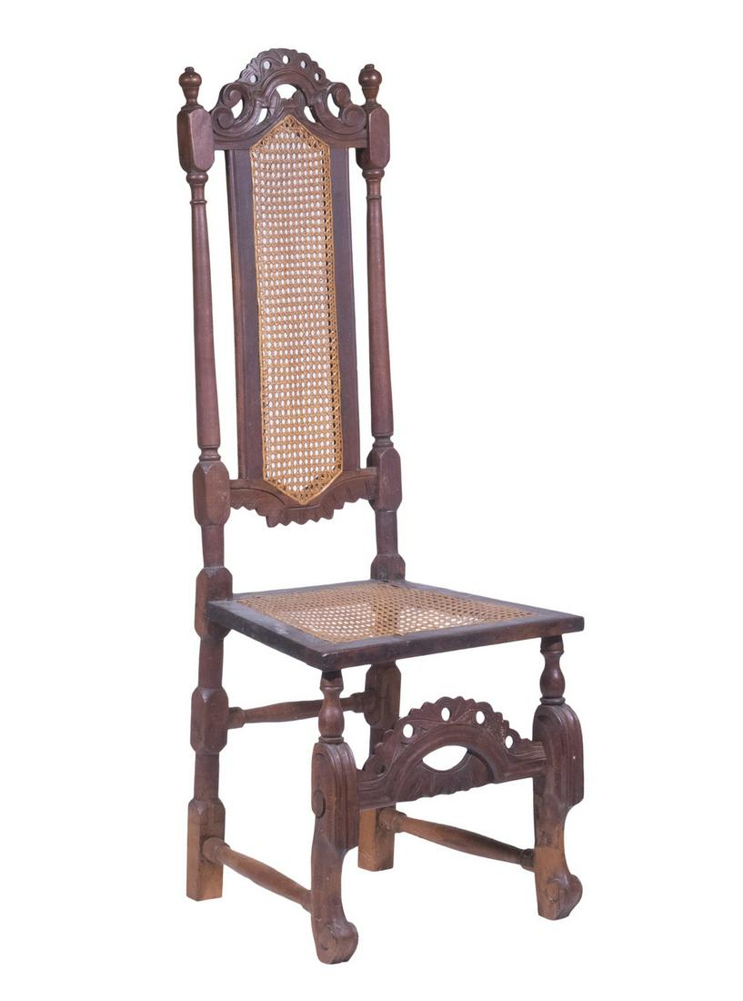 WILLIAM & MARY SIDE CHAIR: Late 17th - Early 18th c. High-Back Boston Side Chair, with carved and pierced crest, turned posts, caned back, trapezoid shape seat with caned inset, carved and pierced front stretcher, 47" high, 17