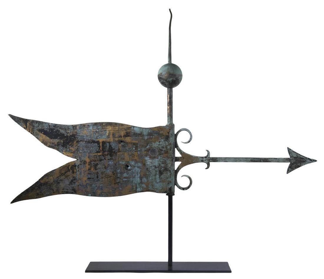19TH C. LARGE BANNER WEATHERVANE: Hand forged iron and copper, in remnants of gilt and verdigris finish overall, with arrow mounted by scrolls near banner having 1 1/2" thickness, copper sphere and long stem. On black painted steel mu