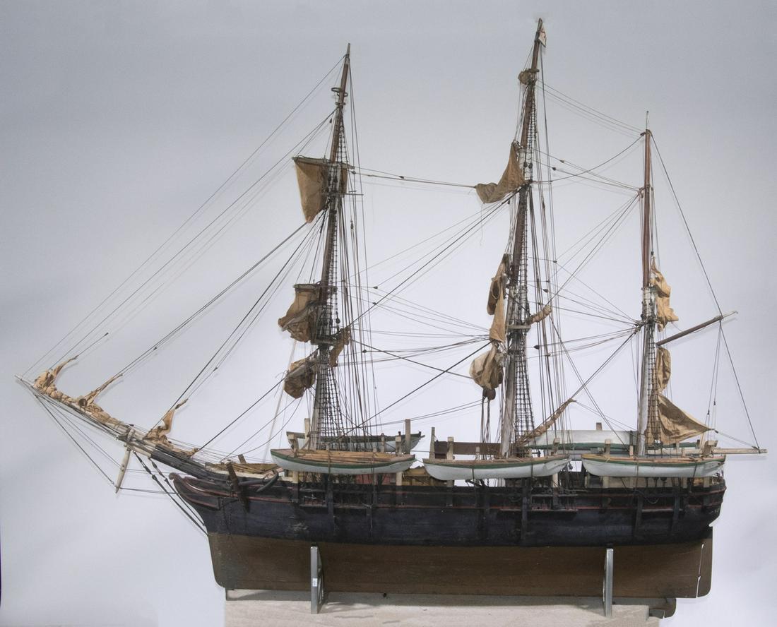 WHALING SHIP MODEL, CA. 1900.: Whaling Bark "Helen Snow", New Bedford, built in a rather crude manner, but by the Captain of the ship, (as described below). Having the hunting and rendering details of whaling gear and ship architec