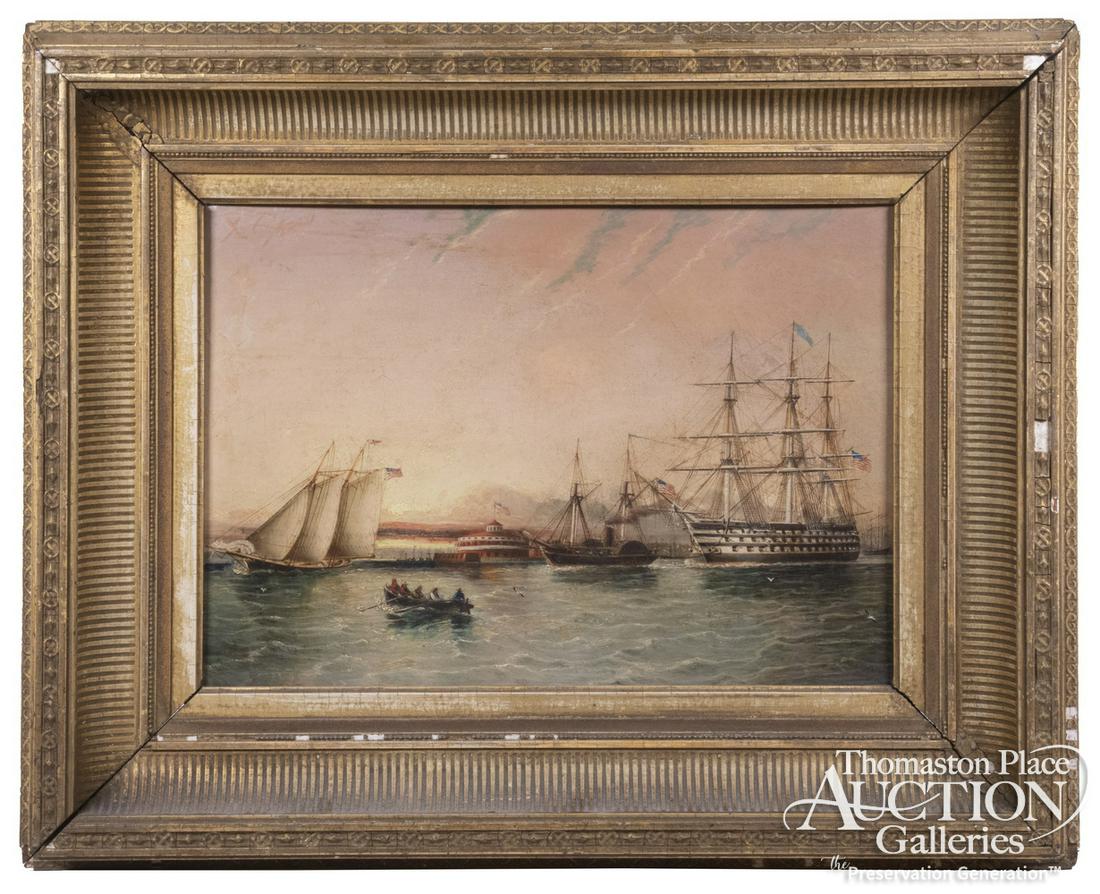 JAMES EDWARD BUTTERSWORTH (NJ/NY/UK, 1817-1894): New York Harbor, depicting Castle Clinton, the Battery, Manhattan with crossing Warship, Steam/Sail Ship, Two Mast Schooner and a Longboat with crew, each a little masterpiece of its own. Oil on acade