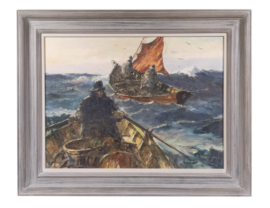 JACK LORIMER GRAY (NY/CANADA, 1927-1981): Fishermen in Two Dories at Sea, in foul weather gear; oil on canvasboard, signed lower right, in grey weathered frame with linen liner, OS: 24 1/4" x 30 1/4", SS: 17 1/4" x 23 1/4", fine condition.
