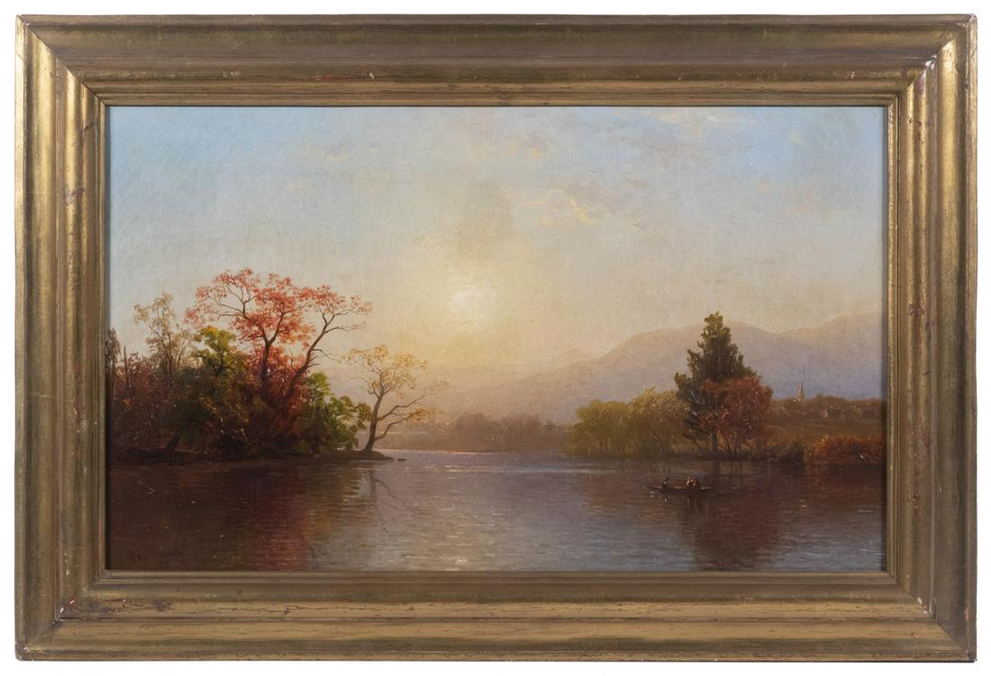 NATHANIEL J. BURCHELL (NY, 1868-1934): Hudson River Sunrise with man ferrying couple across to village church on opposite bank, signed lower left "N. Burchell, NY", ca. 1900, in original reverse ogee gold molded frame, OS: 16 1/2" x 24 1/2