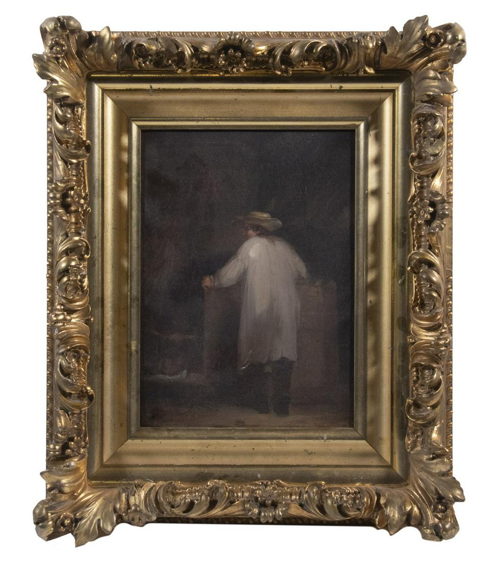 WILLIAM SIDNEY MOUNT (NY, 1807-1868): Man in White Coat, oil on academy board, initialed and dated 1849 lower left, label verso from Alexander Gallery, 980 Madison Ave, NYC. Housed in what appears to be the original ornate gilt gesso fram